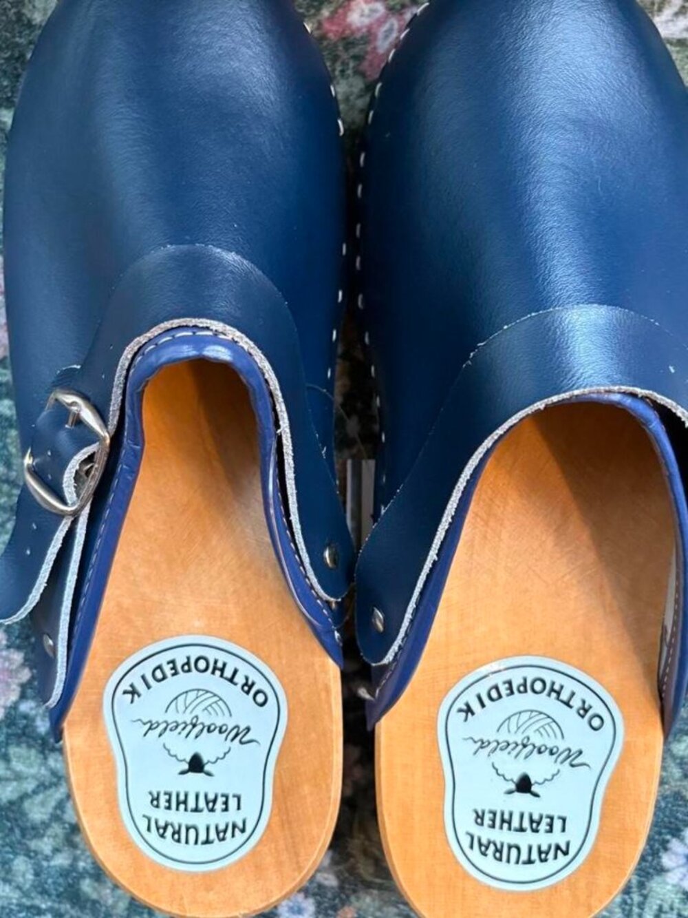 Navy Blue Leather Buckle Clogs Wooden Sole Never Worn Women's 7.5 EU 38